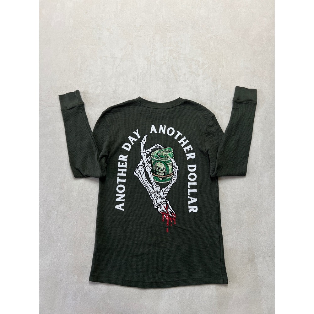 Retrofit Mens Waffle Knit Thermal Shirt Green Skeleton Money Graphic Small